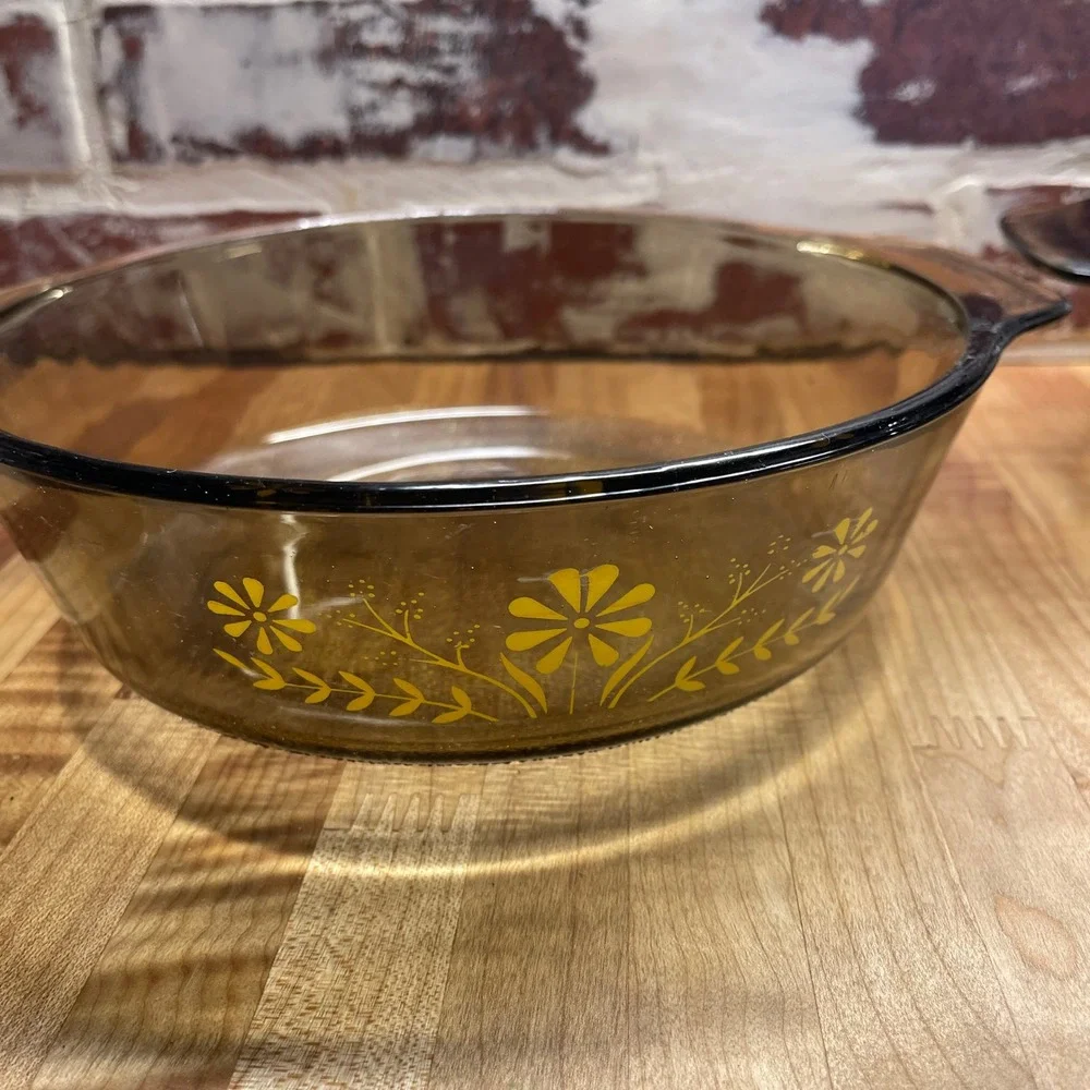 Vintage MCM Glasbake Jeanette Casserole Dishes Set 3 Yellow Floral Retro Brown‎